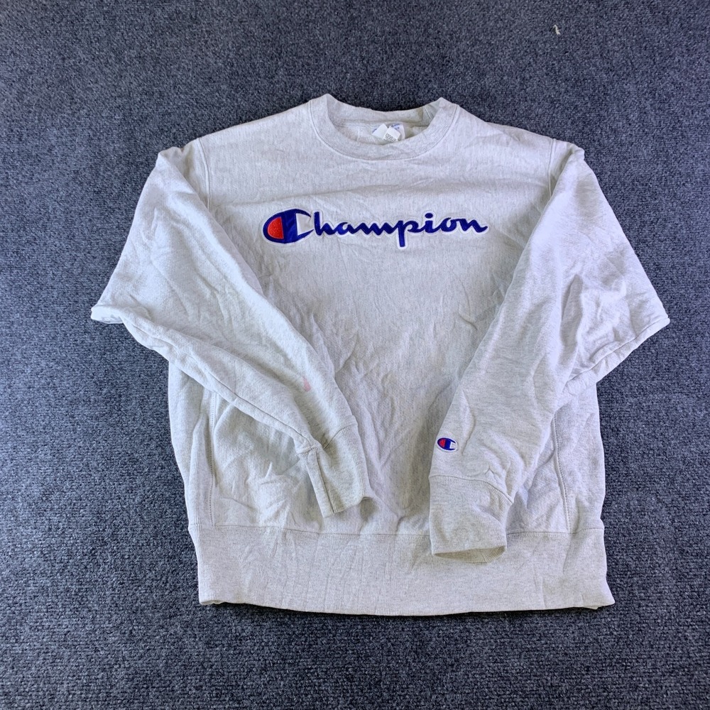 Champion Life Reverse Weave Sweatshirt Mens M Heather Gray Script Logo Pullover